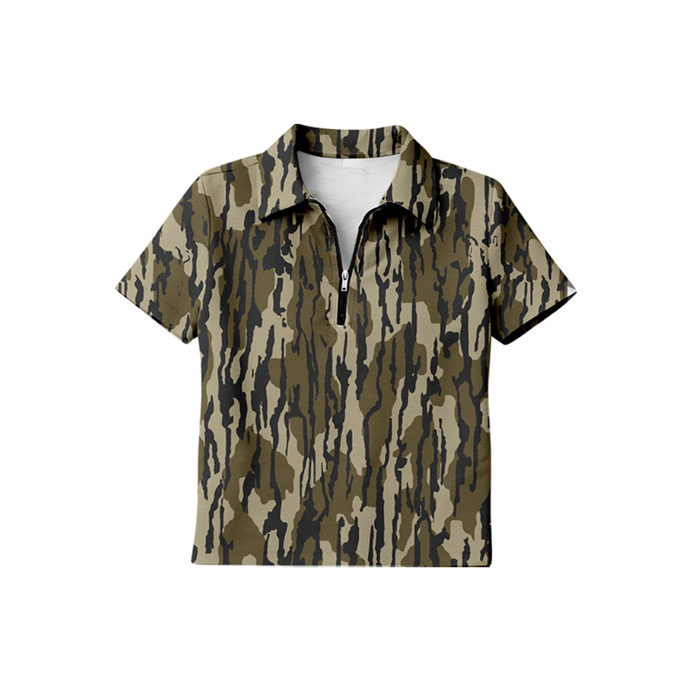 BT1726 Preorder Baby Boy Short Sleeve Southern Olive Camo Zipper Pullovers Top