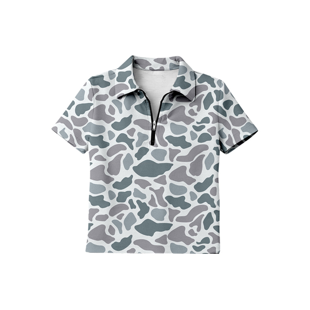 BT1732 Preorder Baby Boy Short Sleeve Southern Grey Camo Zipper Pullovers Top
