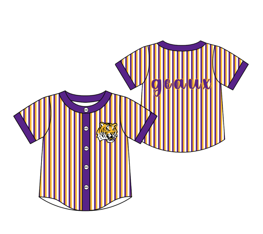 BT1745 Preorder Baby Boy Purple Stripe Geaux Tigers Team Button T-shirts Top