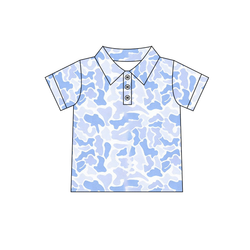 BT1766 Preorder Baby Boys Short Sleeve Southern Blue Camo Button Polo Shirts Top