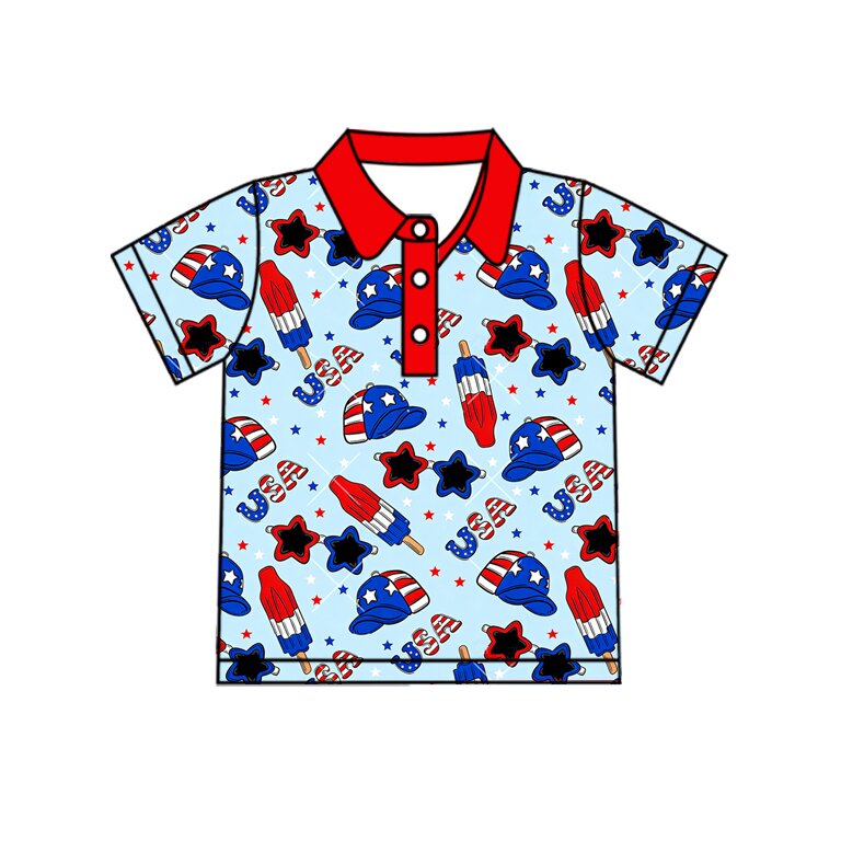 BT1767 Preorder Baby Boys Short Sleeve USA Popsicle 4th of July Button Polo Shirts Top