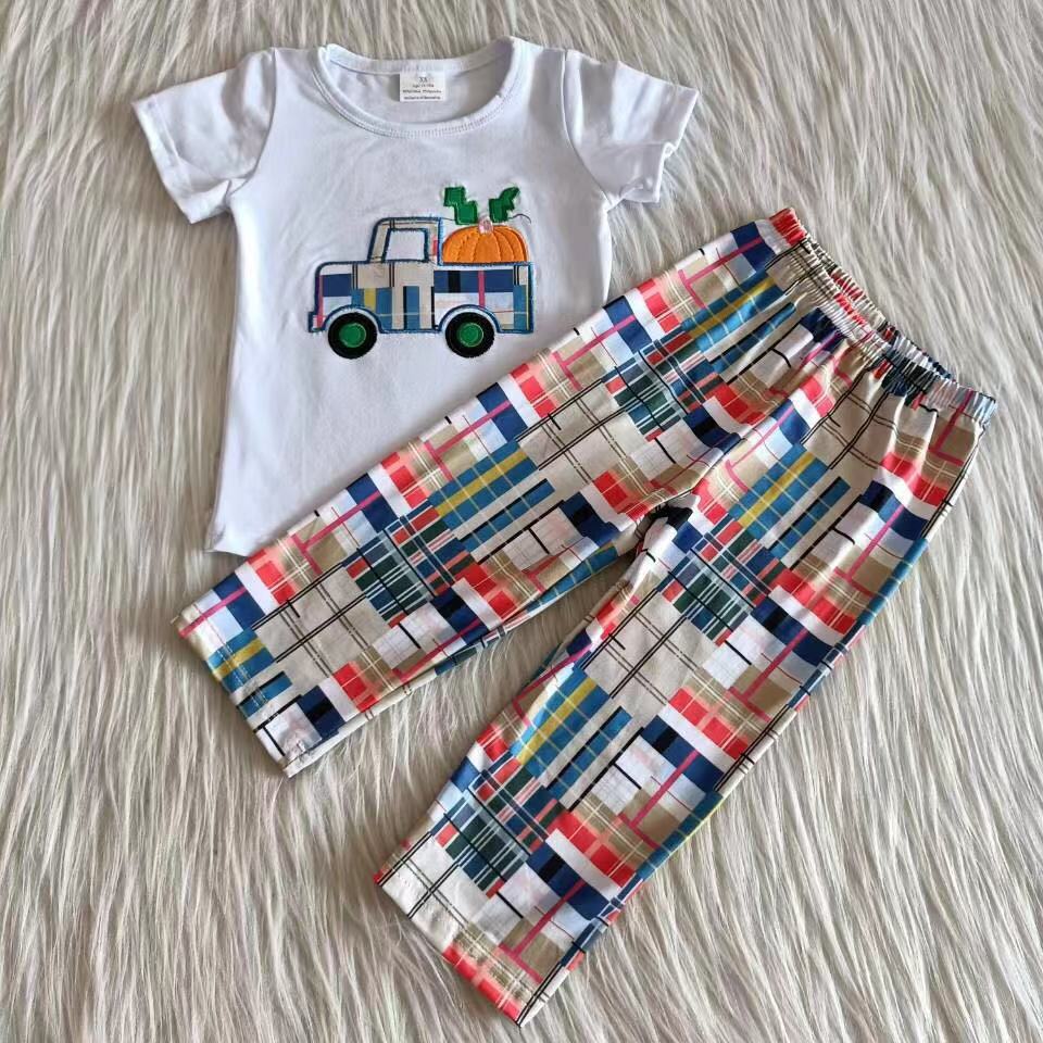 C1-22 Boys Pink Pumpkin Cart Plaid Pants Set