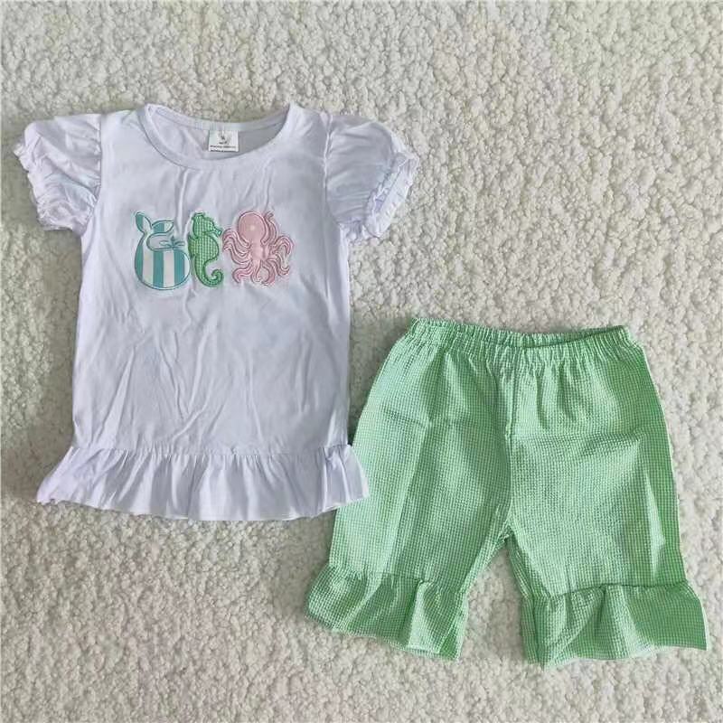 5.17 RTS NO MOQ C6-21 Green seersucker shorts with embroidered sea animals
