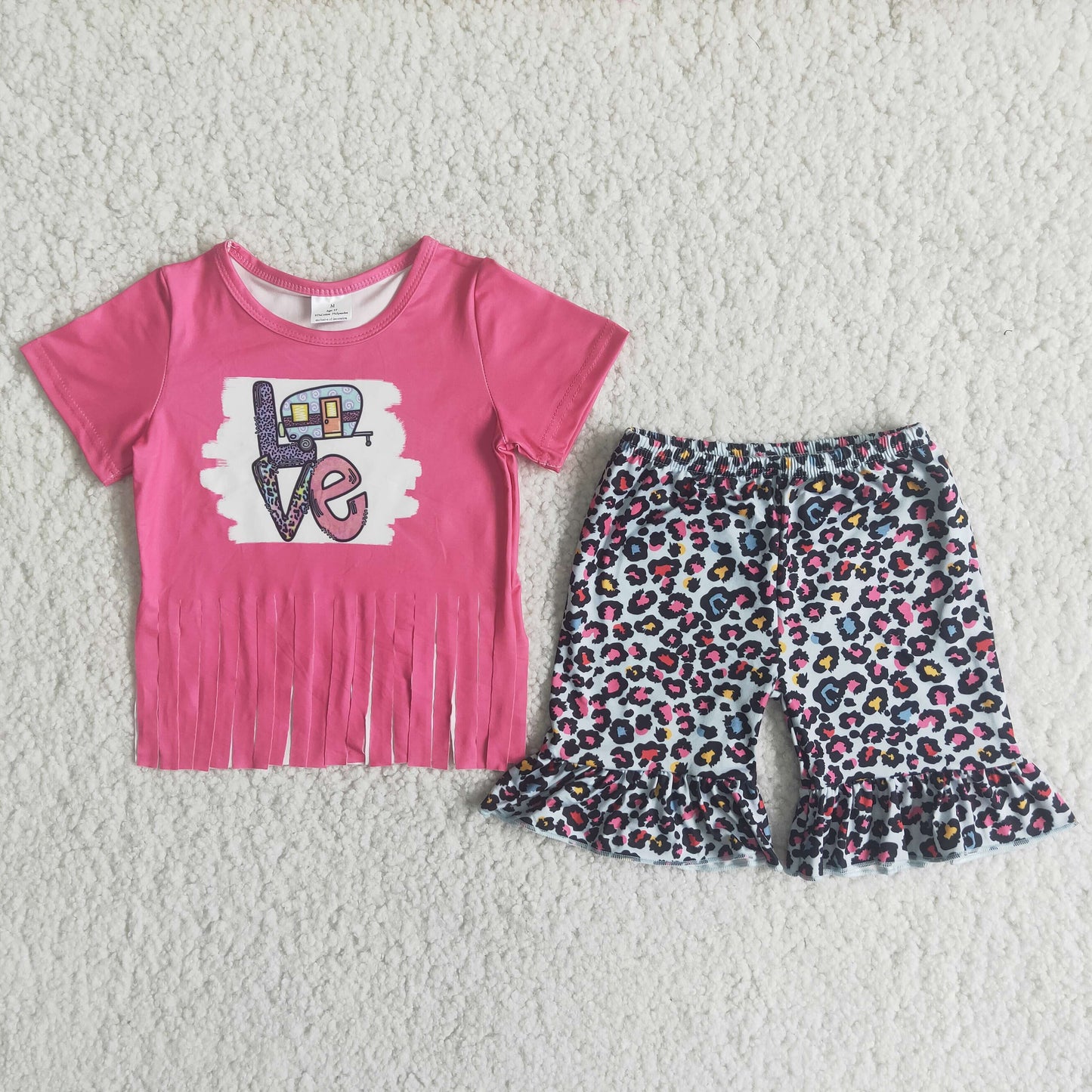 7.28 rts no moq D12-30 LOVE rose red tassel short-sleeved red spot leopard print shorts