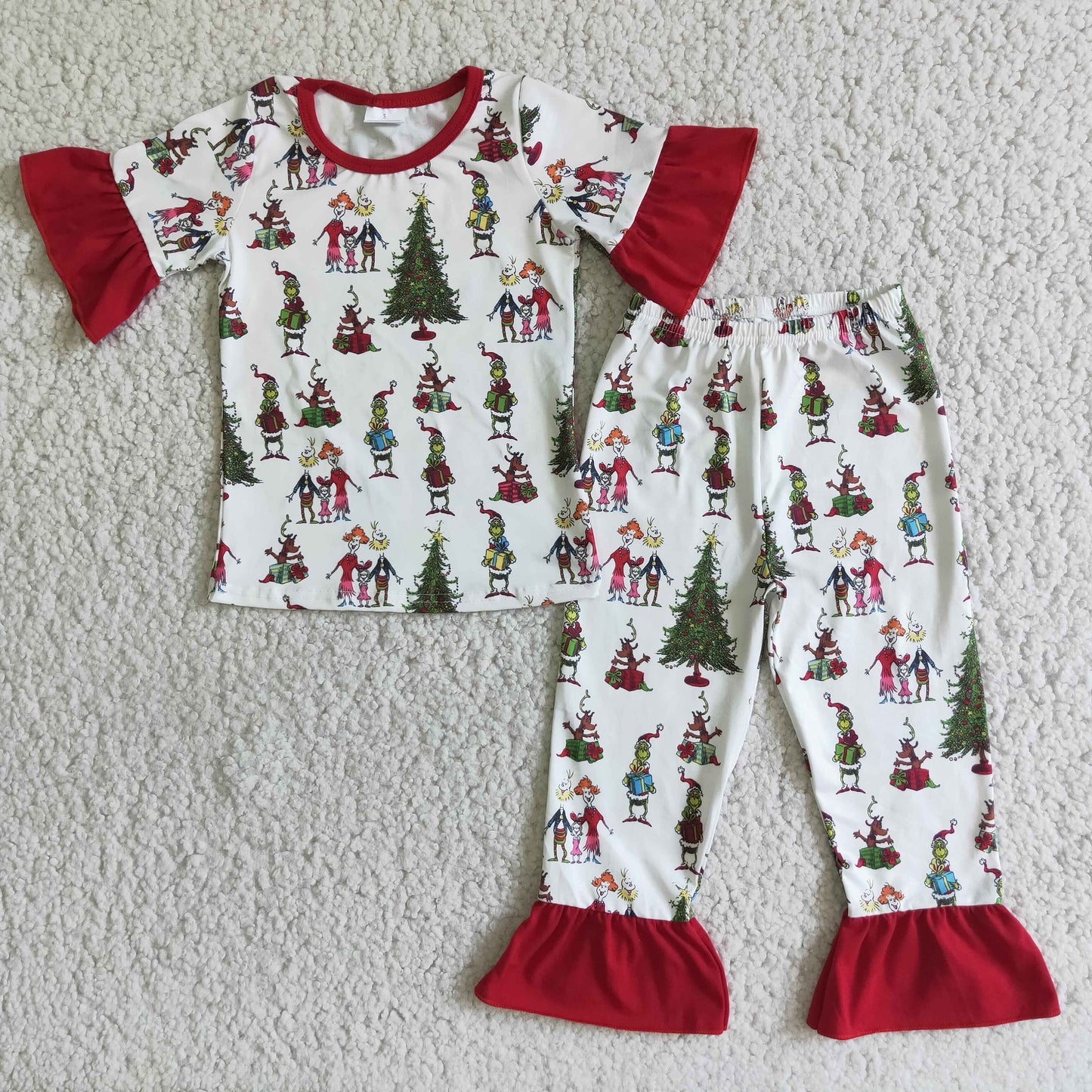 12.2 D2-4 Girls Christmas Tree short sleeve lace pajamas set