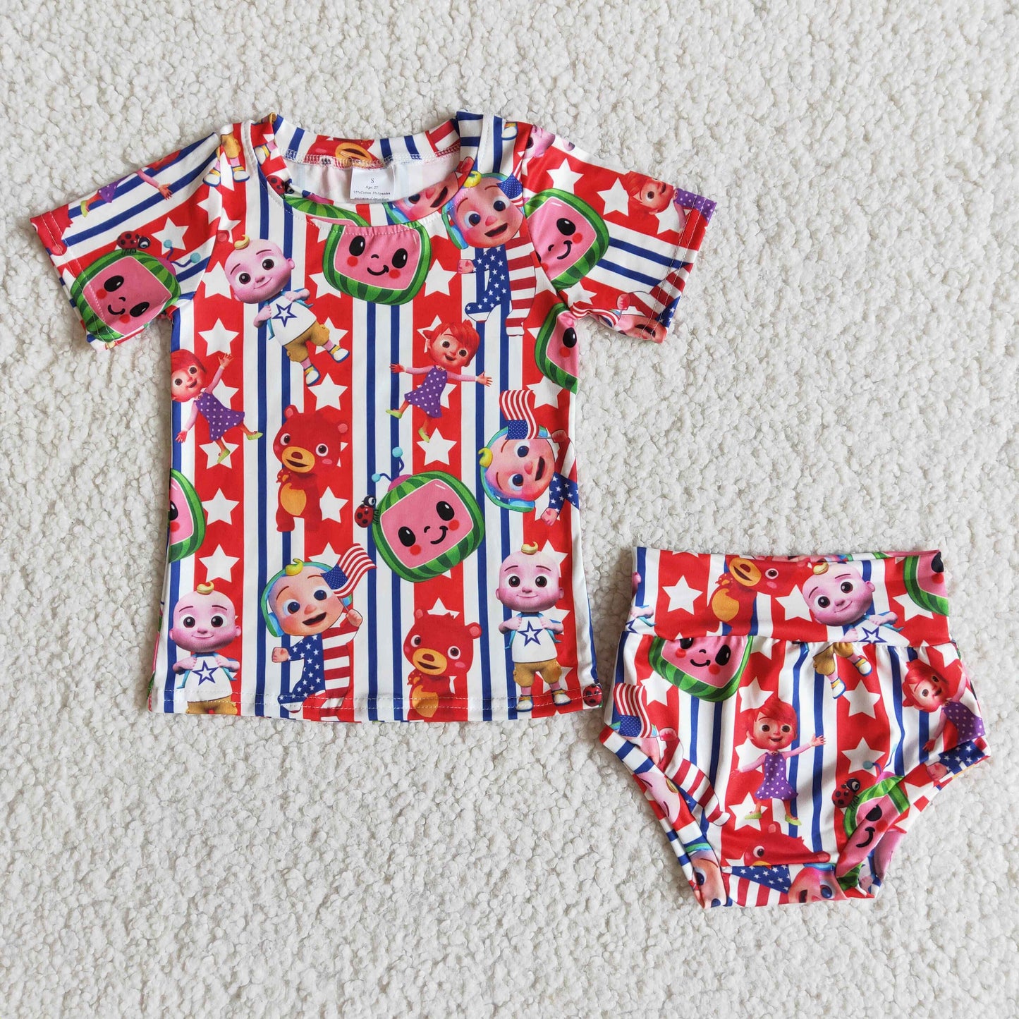 7.28 rts no moq D4-5 cocomelon striped short-sleeved thong suit