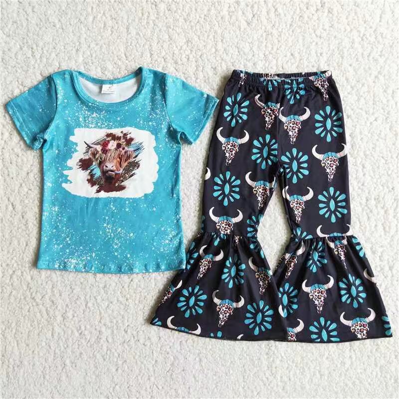 D8-28 Baby Girl Bleached Heifer Cow Gem Bell Bottom Pants Sets