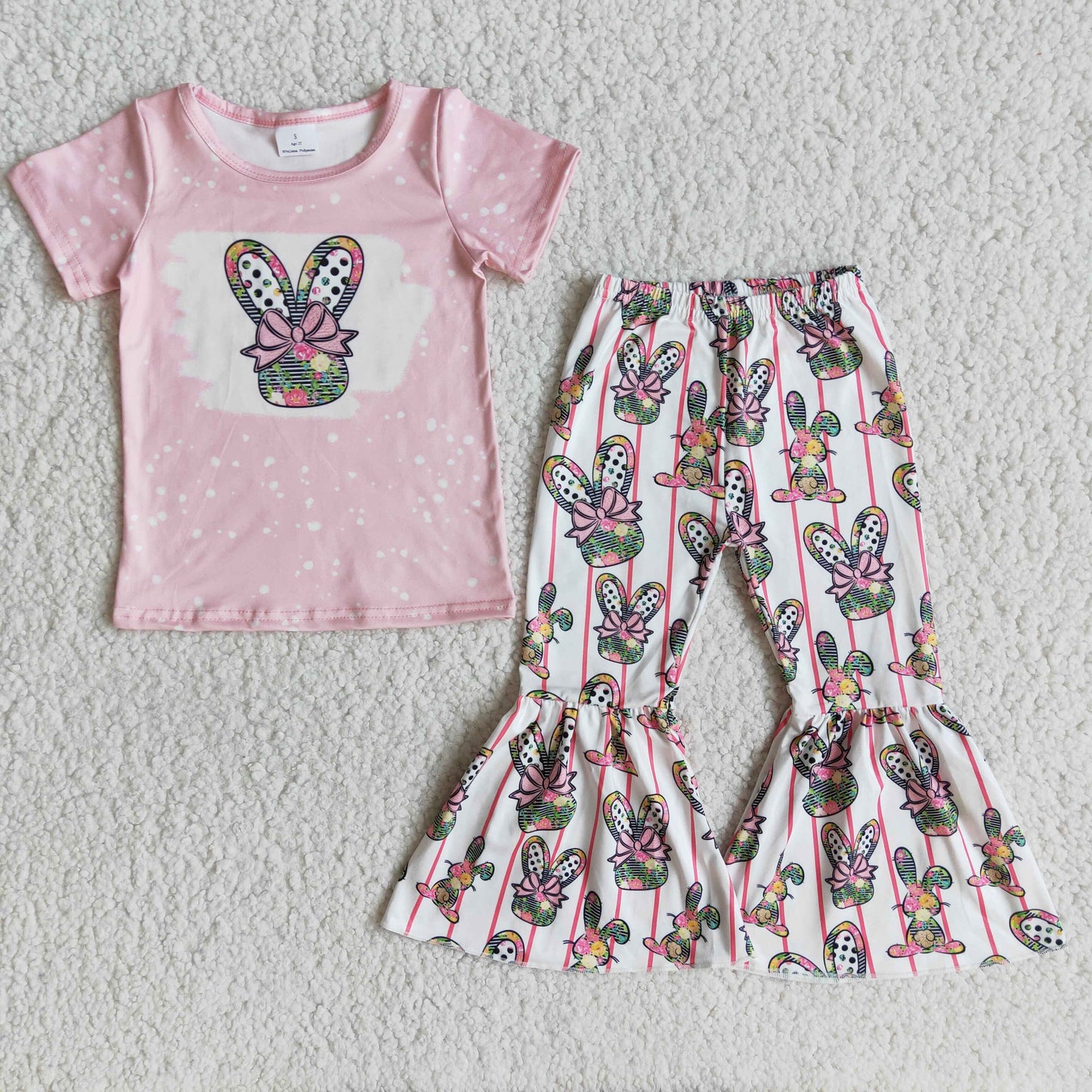 RTS NO MOQ(In Stock ) E10-16 Easter pink short-sleeved bunny flare suit