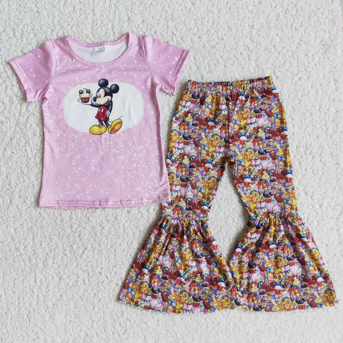 E11-11 Pink cartoon short-sleeved flared pants suit