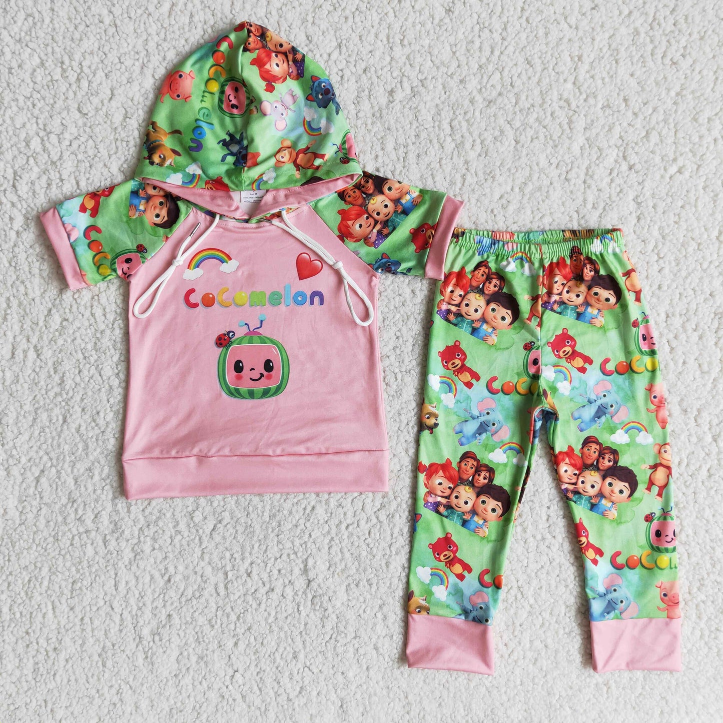 RTS NO MOQ(In Stock ) E11-26 baby girl clothes cartoon hooded short-Sleeved pants sets