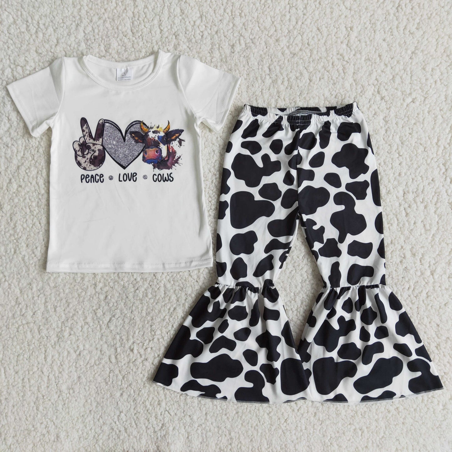 E12-26 Baby Girls Peace Love Cows Bell Bottom Pants Sets