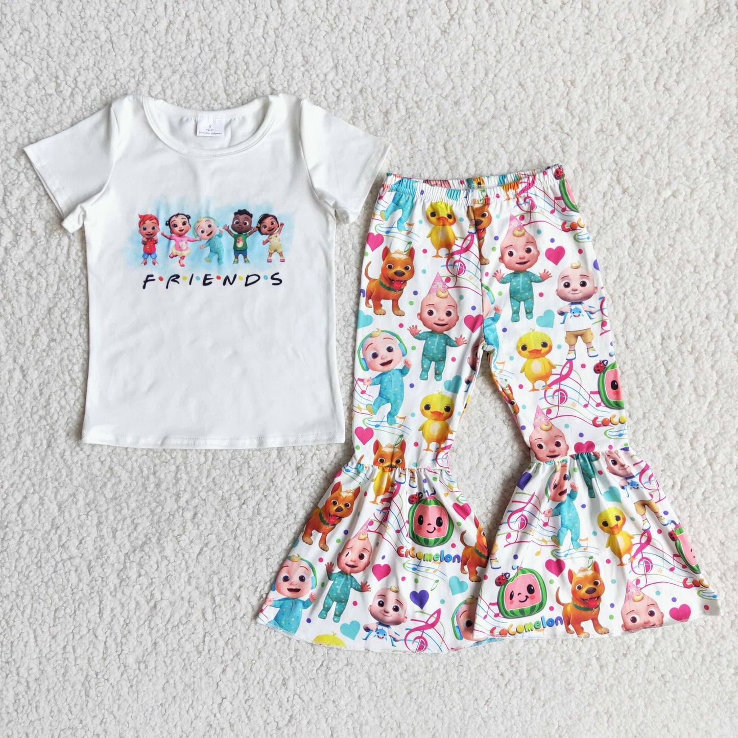 E13-4cocomelon cartoon white short-sleeved flare suit