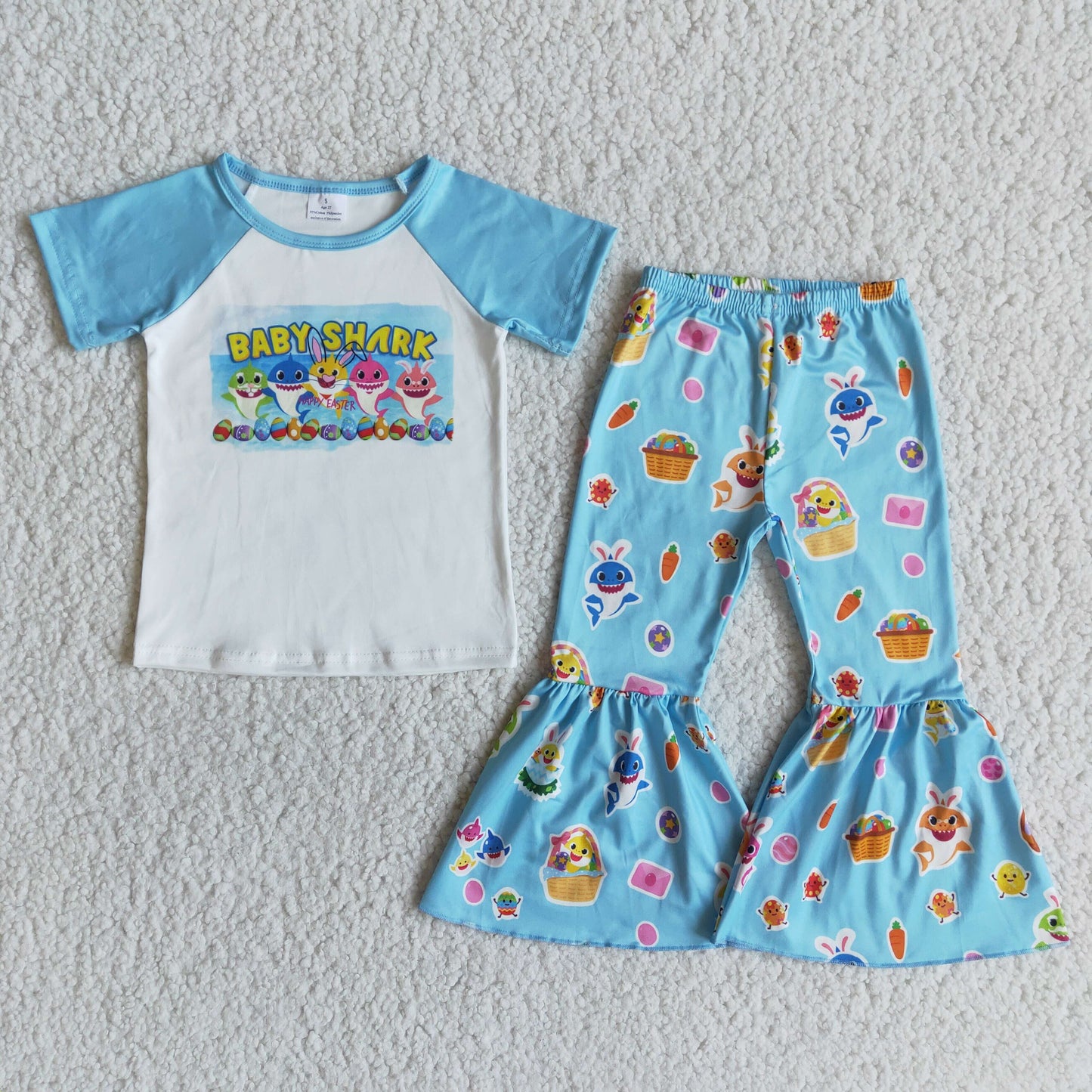 E9-12 Baby Girl Shark Easter Rabbit Bell Pants Sets