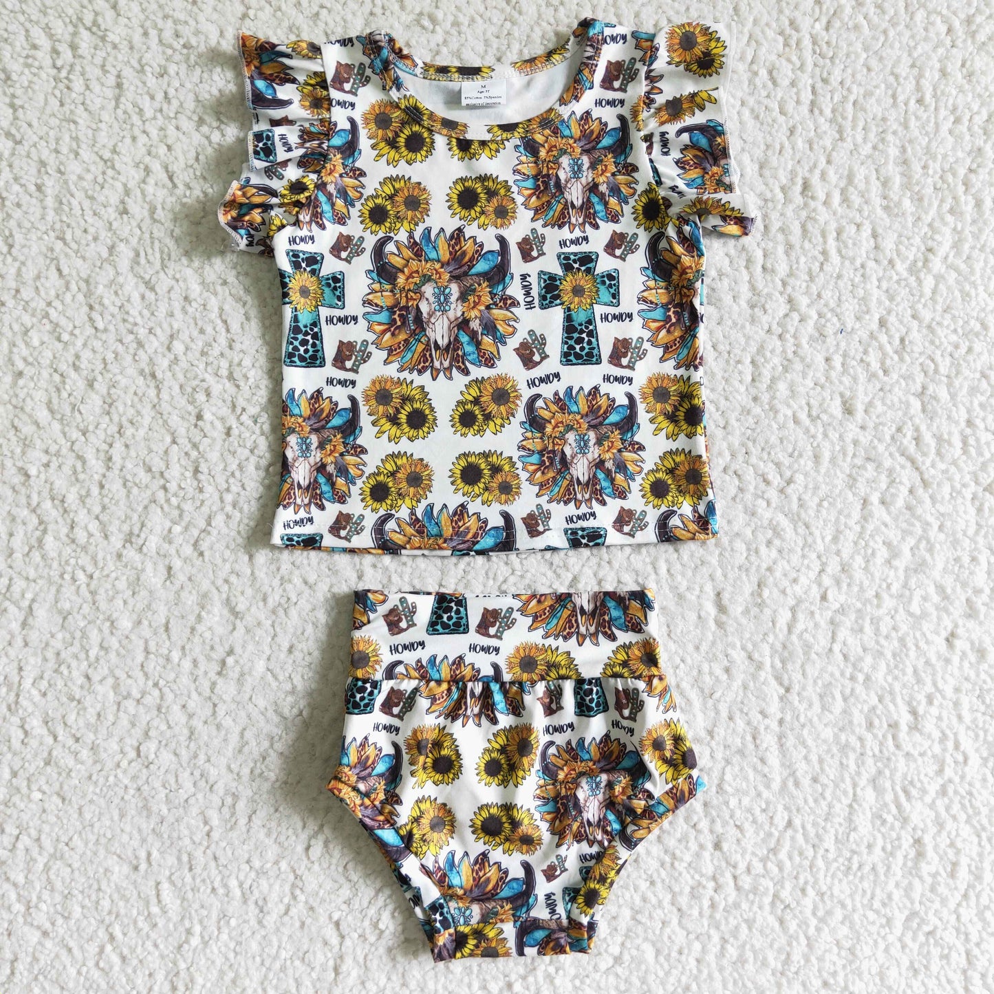 GBO0047 Baby Girl Western Sunflower Cow Skull Bummie Sets