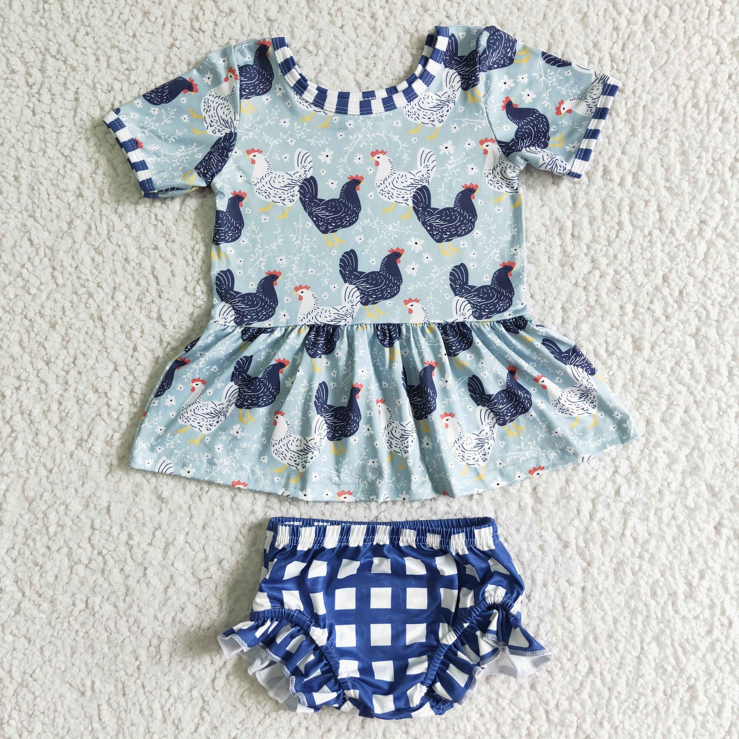 GBO0049 Baby Girl Short Sleeve Chicken Tunic Top Plaid Bummie Sets