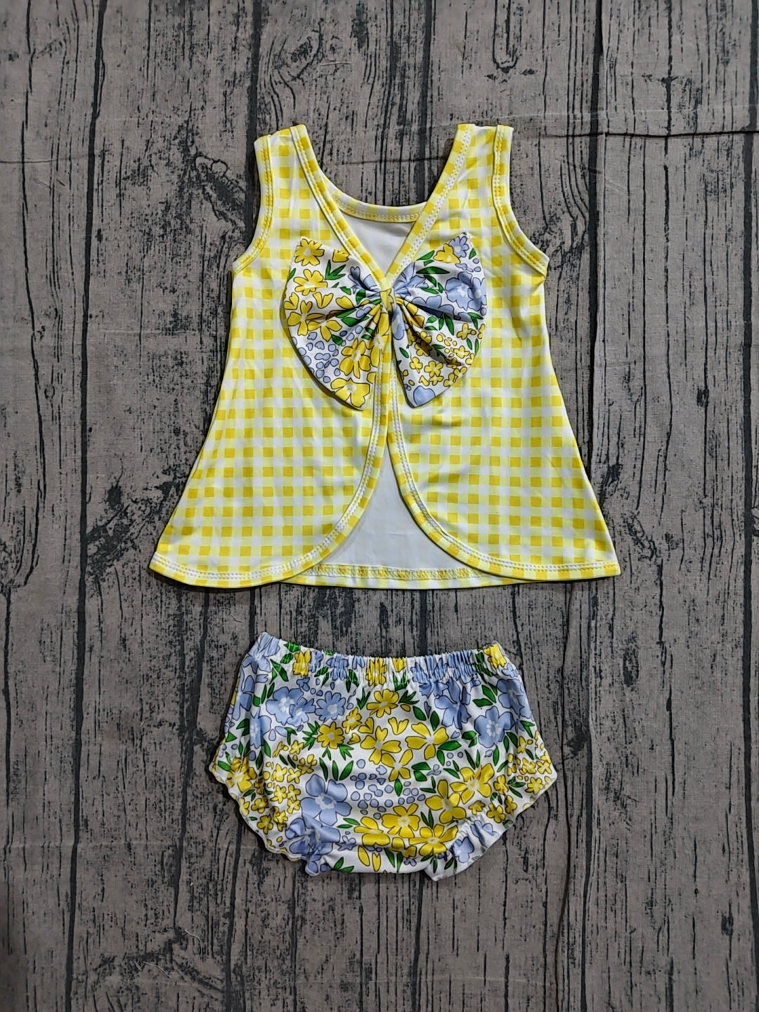 GBO0504 Preorder Sample Baby Girl Yellow Checked Flowers Tunic Bummies Clothes Sets