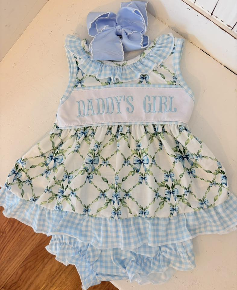 GBO0512 Preorder Baby Girl Daddy's Girl Bows Floral Checked Tunic Bummies Clothes Sets