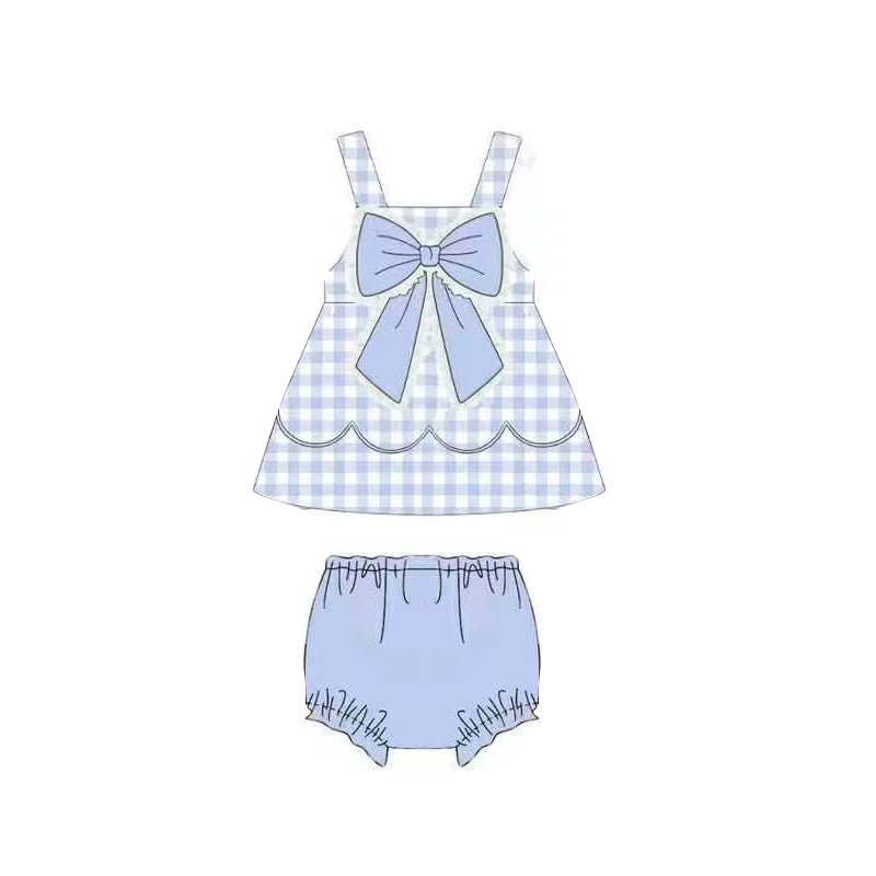 GBO0516 Preorder Baby Girl Strap Blue Checked Bow Top Bummies Clothes Sets