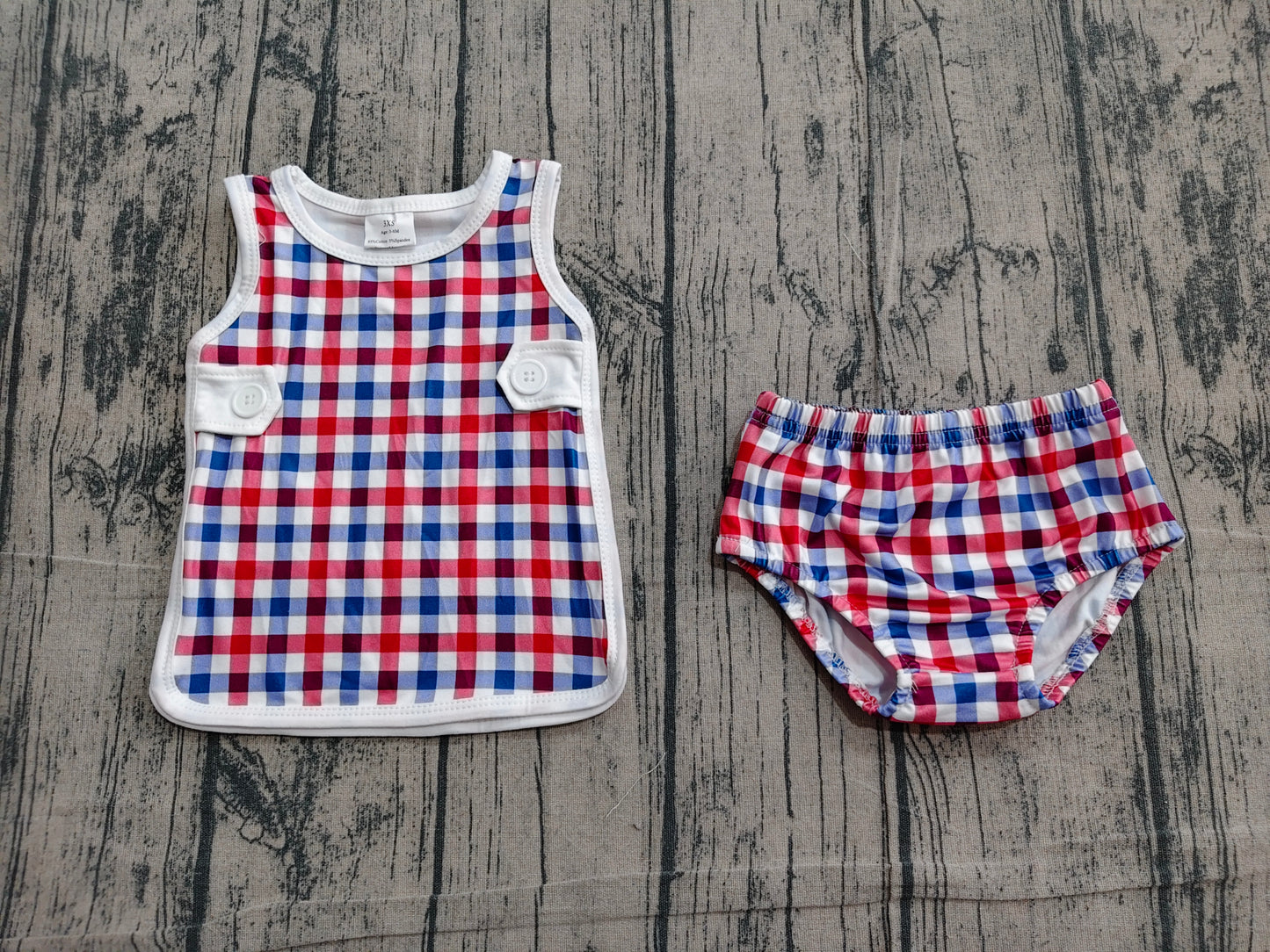 GBO0530 Preorder Sample Baby Boys Red Blue Checked Top Bummies 4th of July Clothes Sets