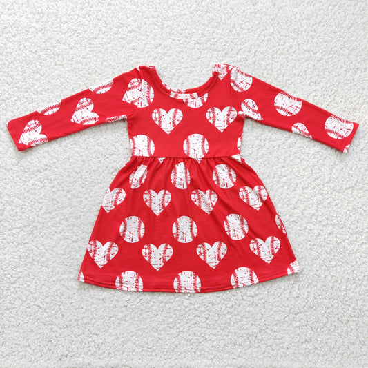 RTS NO MOQ(In Stock) GLD0165 Girl's Valentine's Day Heart Baseball Red Long-Sleeve Dress