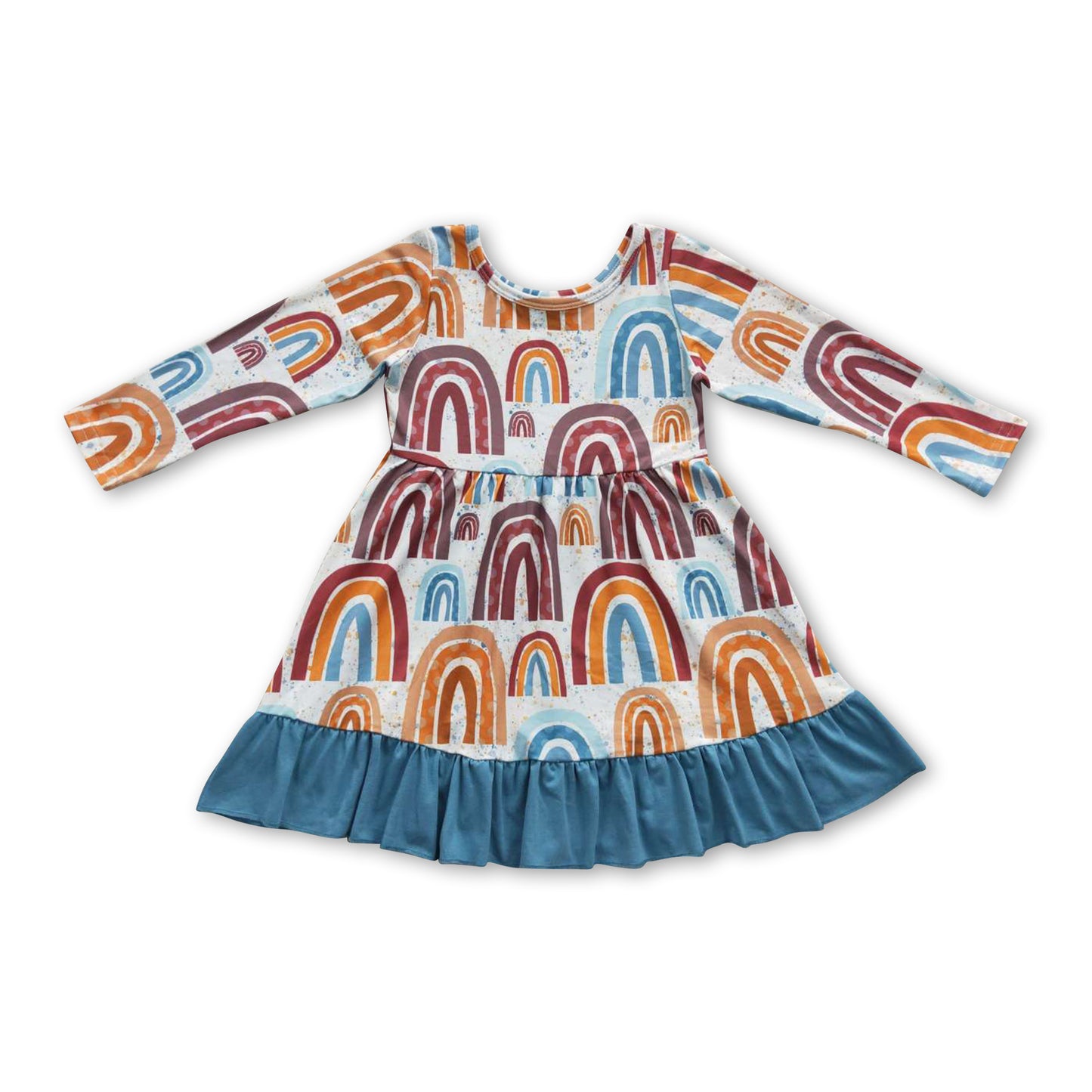 RTS NO MOQ(In Stock)GLD0205 Rainbow Print Blue Lace Long Sleeve Dress