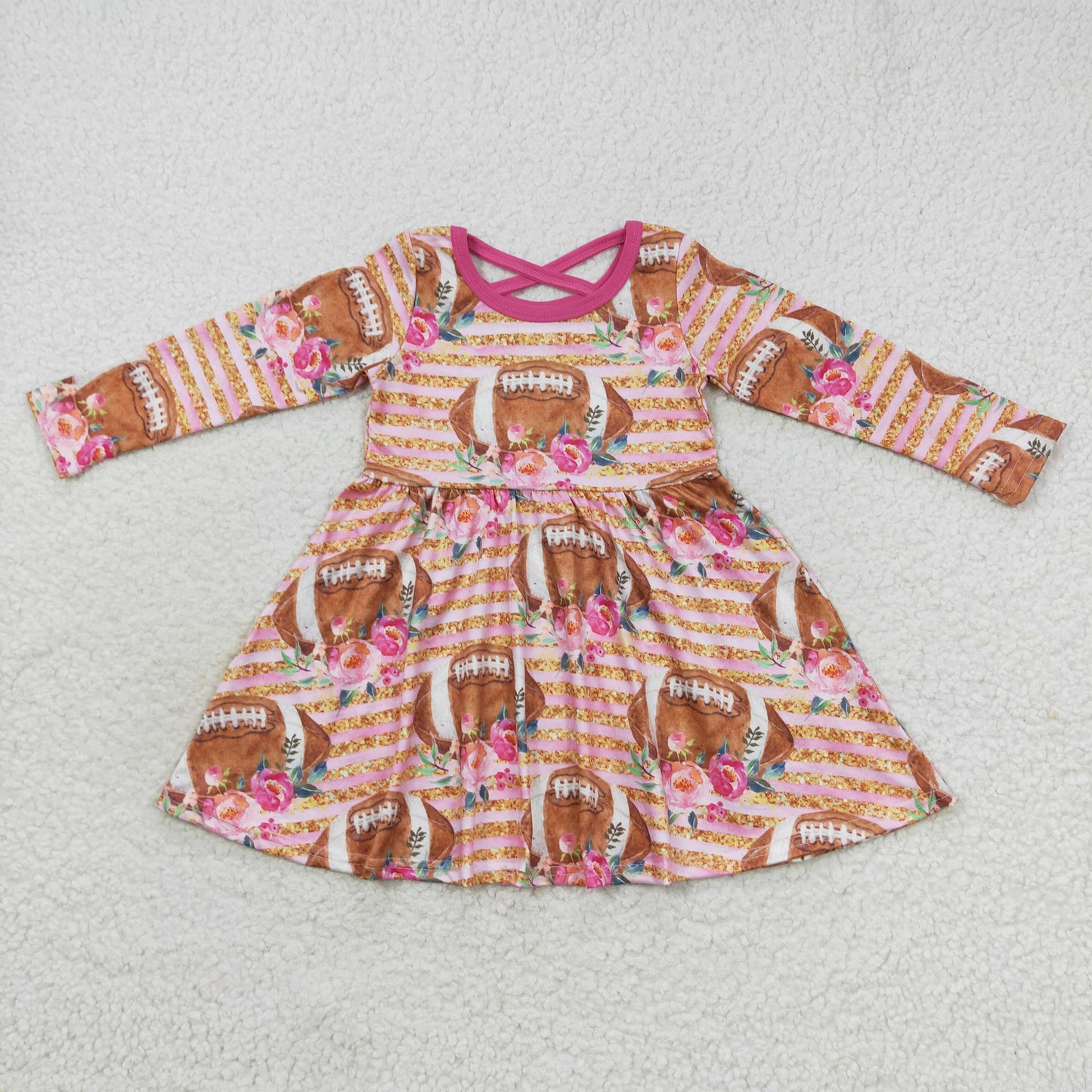 12.2 GLD0326 Baby Girls Pink Football Flowers Long Sleeve Dress