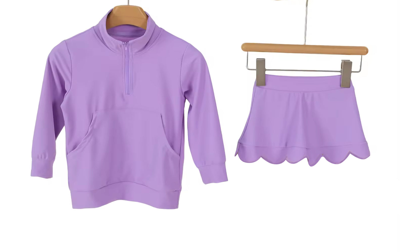 GLD1583 Preorder Baby Girl Purple Zipper Pockets Pullovers Scallop Skirt Short Yoga Active Clothes Sets
