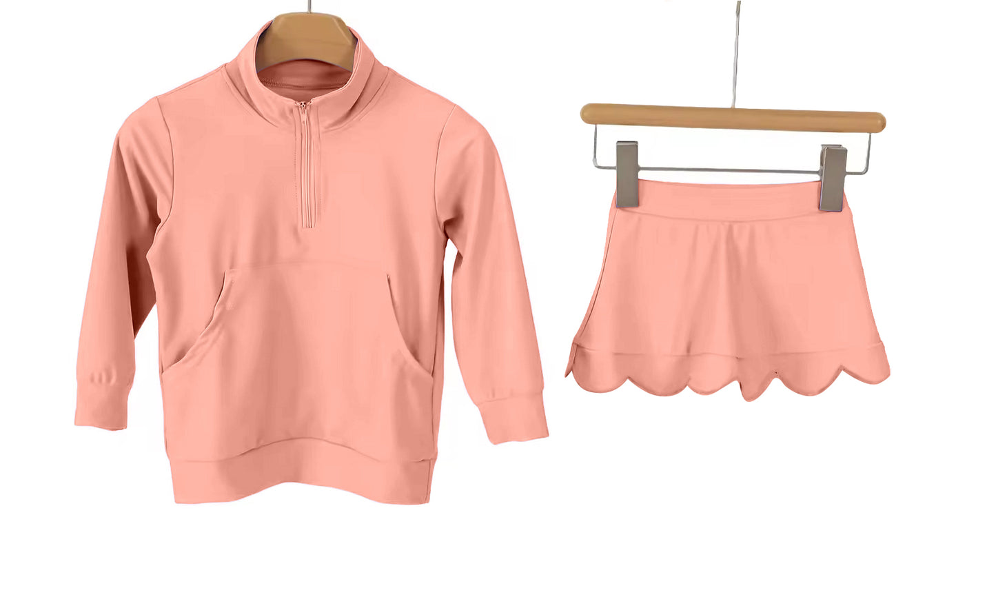 GLD1584 Preorder Baby Girl Peach Zipper Pockets Pullovers Scallop Skirt Short Yoga Active Clothes Sets