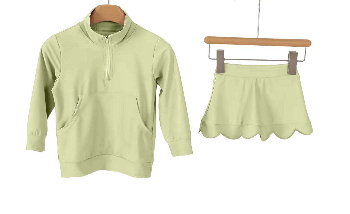 GLD1585 Preorder Baby Girl Green Zipper Pockets Pullovers Scallop Skirt Short Yoga Active Clothes Sets