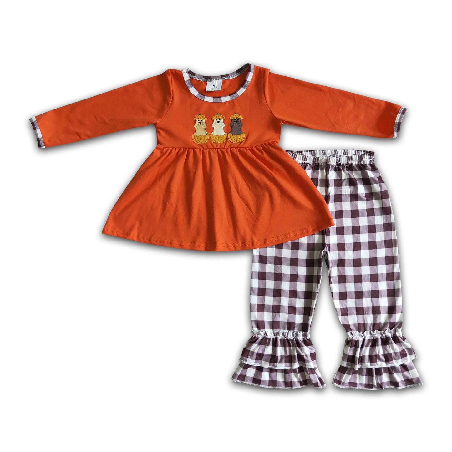 8.25 GLP0026 Embroidered Pumpkin Puppy Orange Long Sleeve Plaid Trousers Suit