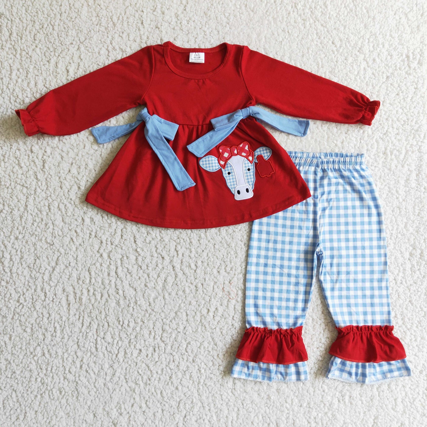 8.4 RTS NO MOQ GLP0068 Girls' red long-sleeved plaid trousers with embroidered bull head