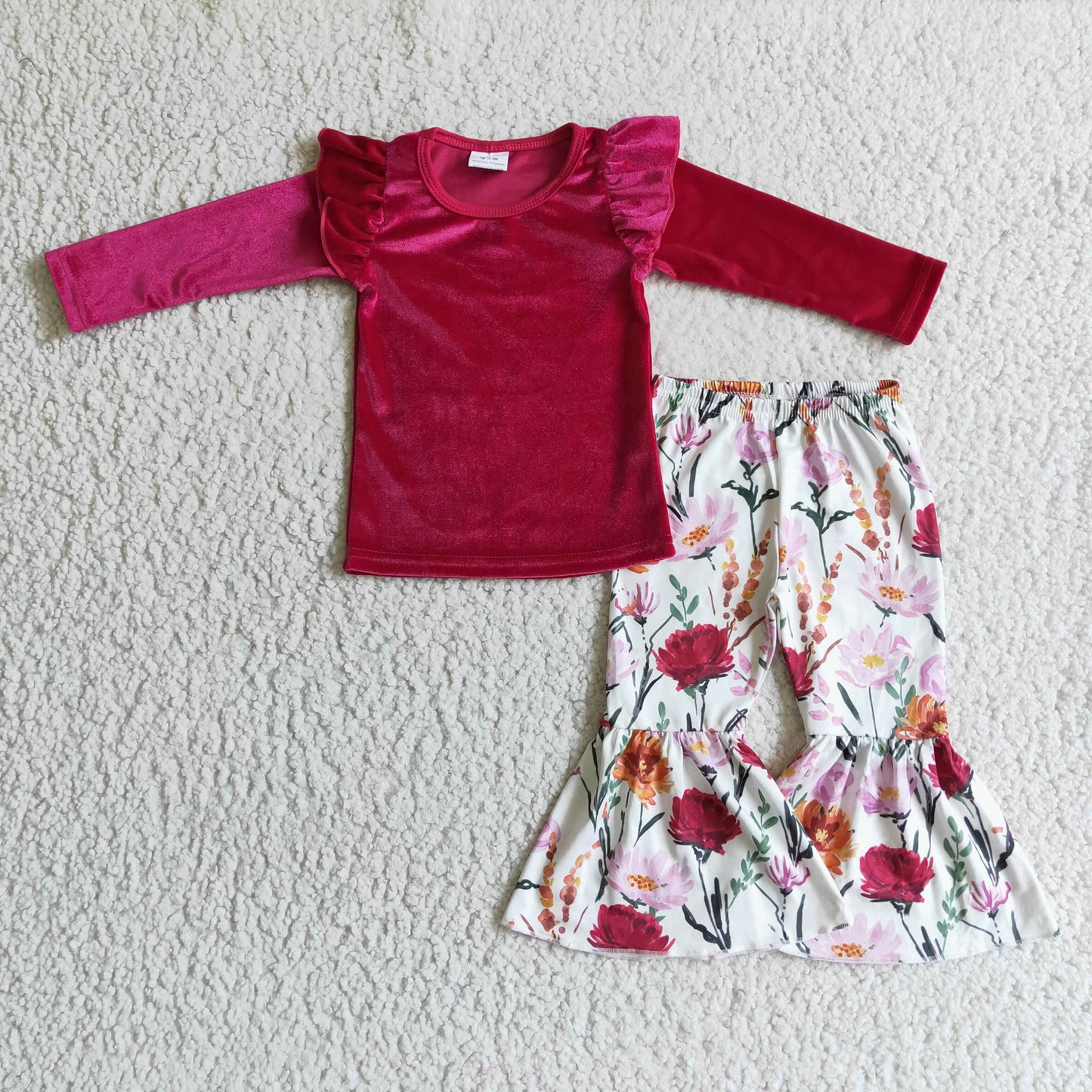 11.3 RTS NO MOQ(In Stock ) GLP0221 girls outfit rose gold velvet long sleeve and long pants flower print