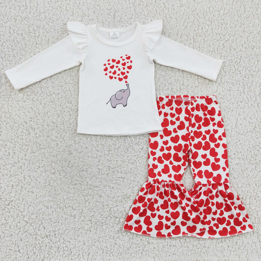 RTS NO MOQ(In Stock) GLP0379 Girl's Heart Elephant White Long-Sleeve Pants Set