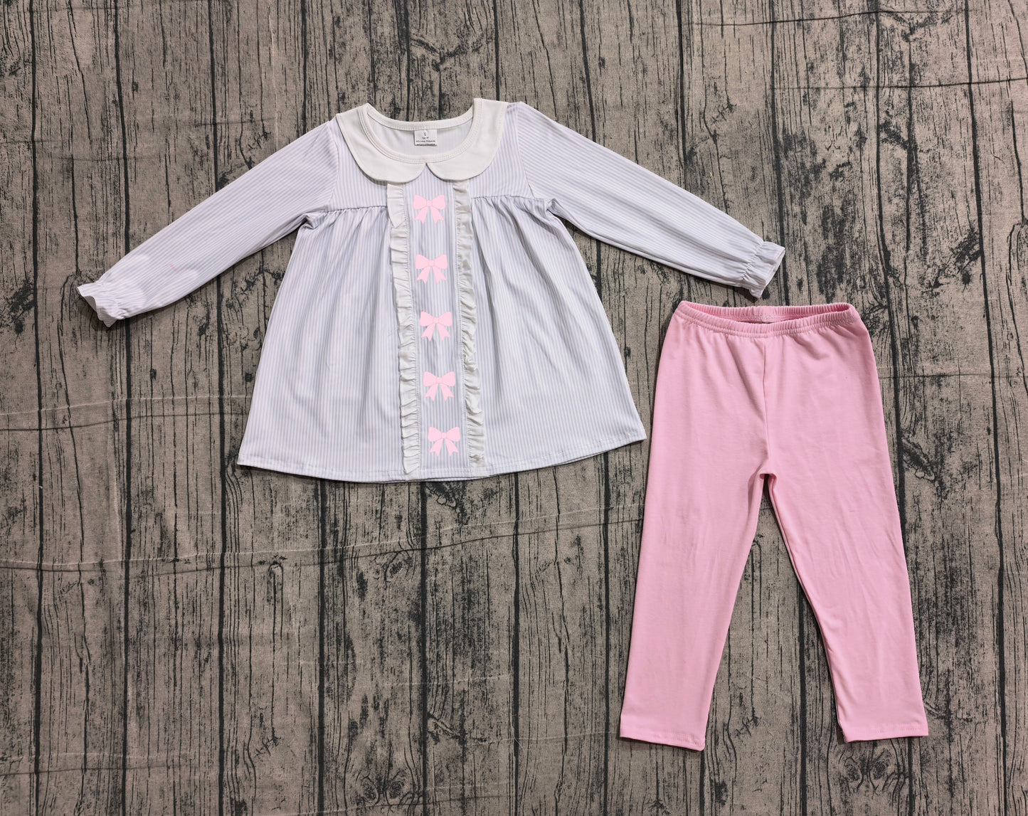 GLP2909 Preorder IRL Baby Girl Embroidery Bows Stripe Collar Tunic Leggings Clothes Sets