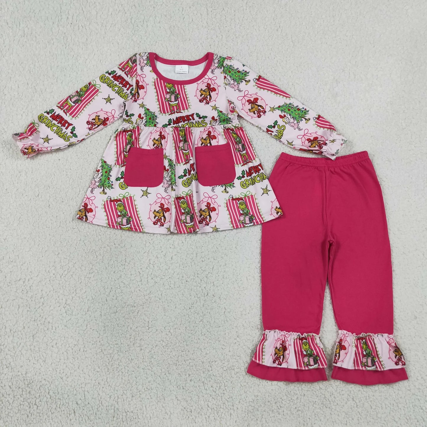 Sibling Baby Girls Santa Pockets Tunic Ruffle Pants Christmas Clothes Sets