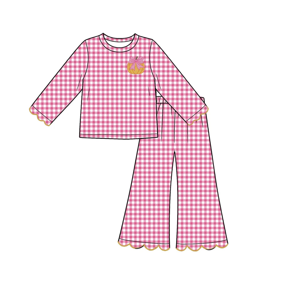 7.30 deisgn Baby Girls Pink Checked Bow Pumpkins Top Scallop Pant Fall Clothes Set