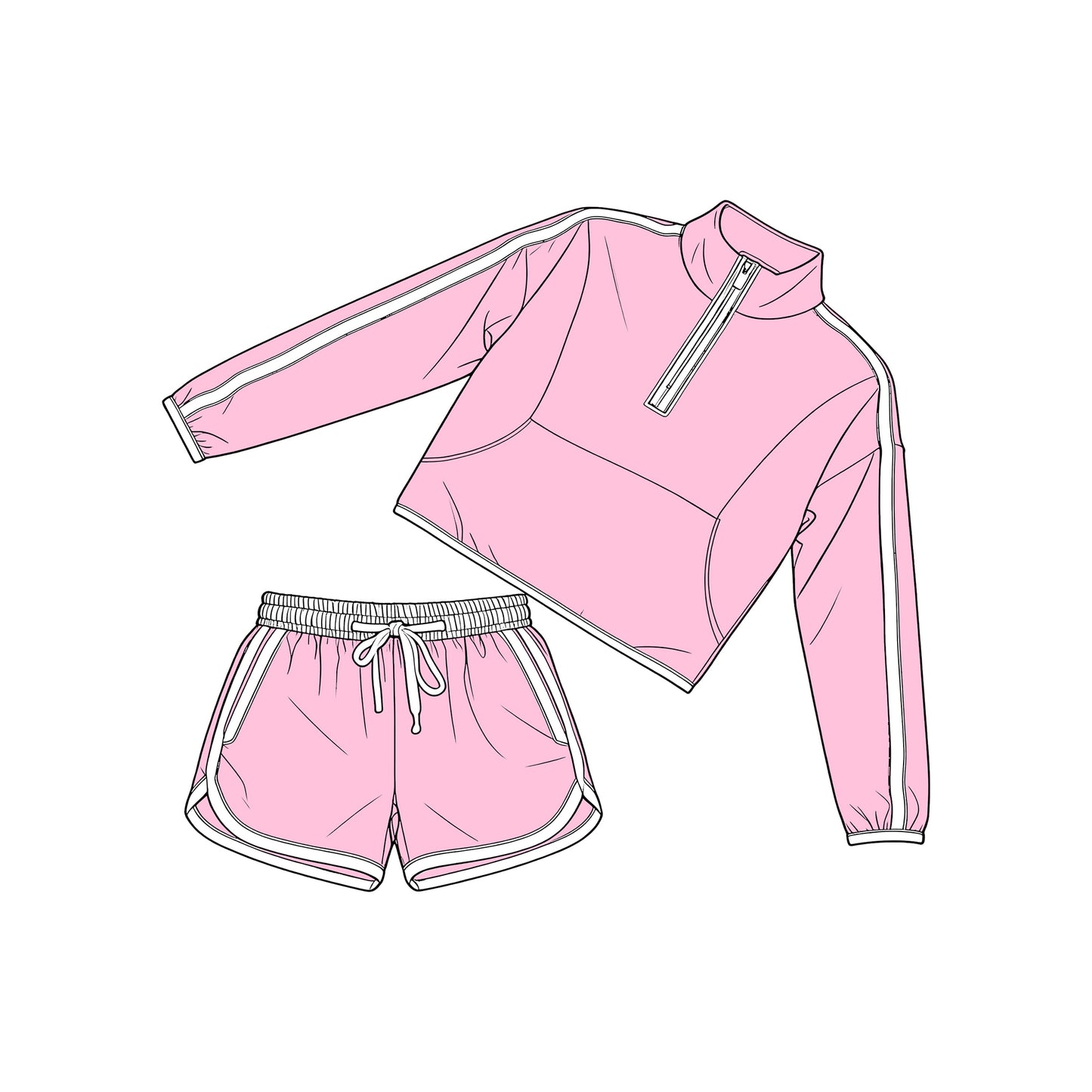 GLS0097 Preorder Baby Girl Long Sleeve Pink Pockets Zip Pullover Top Short Clothes Set