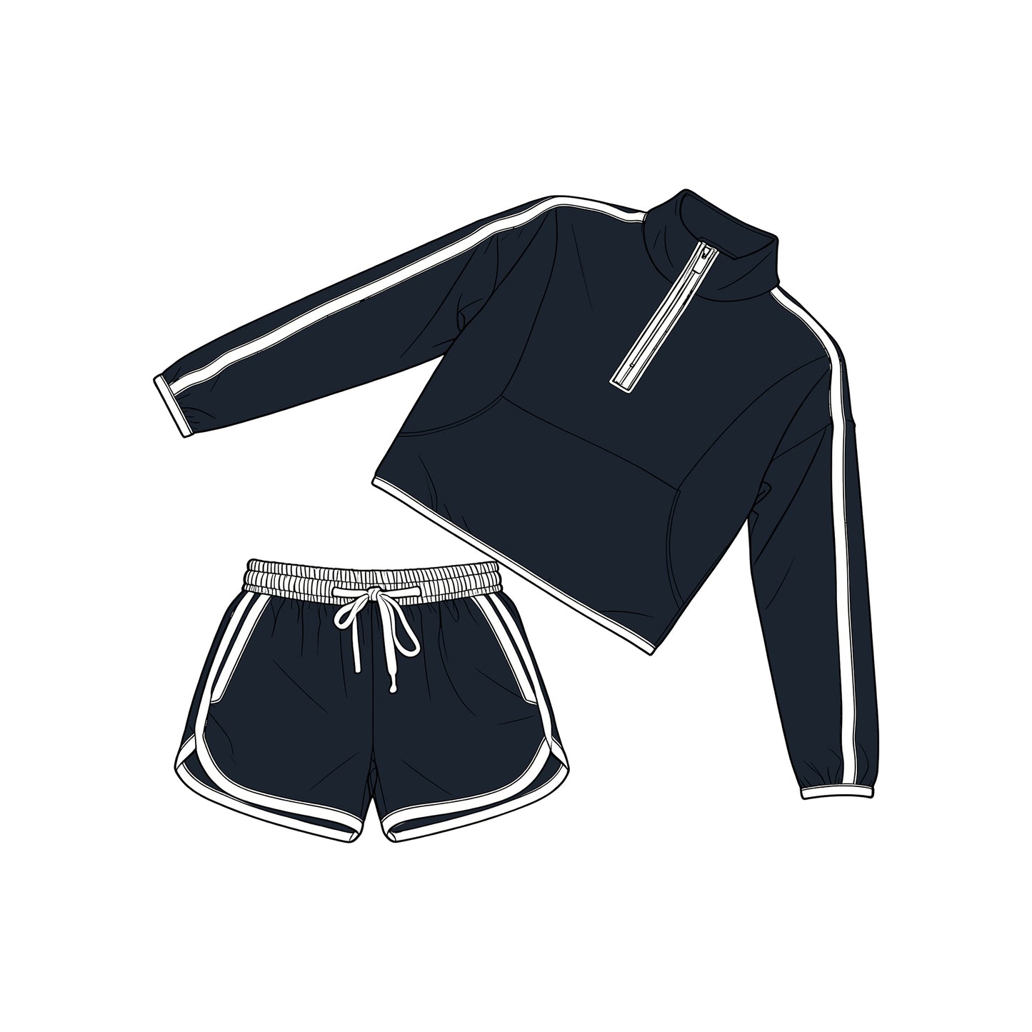GLS0099 Preorder Baby Girl Long Sleeve Navy Pockets Zip Pullover Top Short Clothes Set