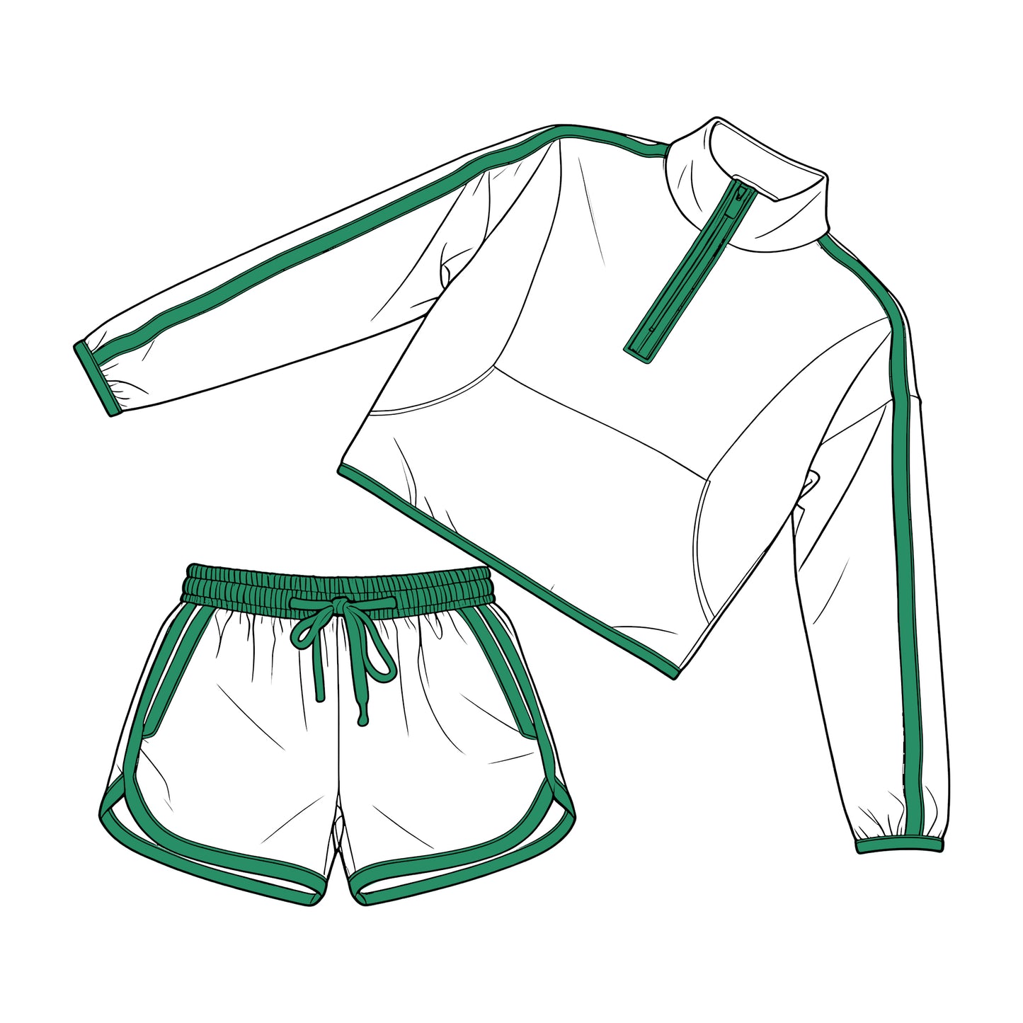 GLS0100 Preorder Adult Women Green Pocket Zip Pullover Top Shorts Clothes Set
