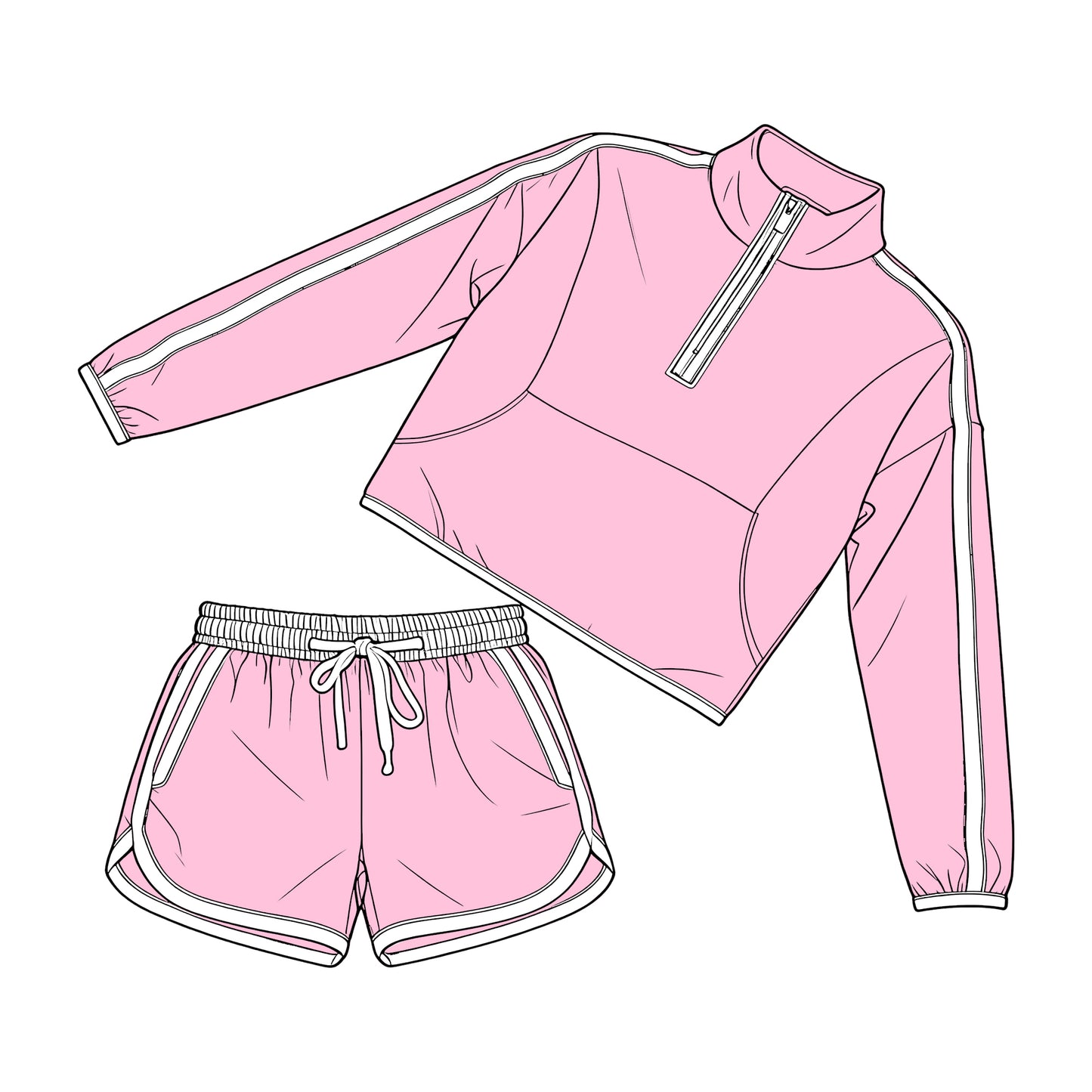 GLS0101 Preorder Adult Women Pink Pocket Zip Pullover Top Shorts Clothes Set