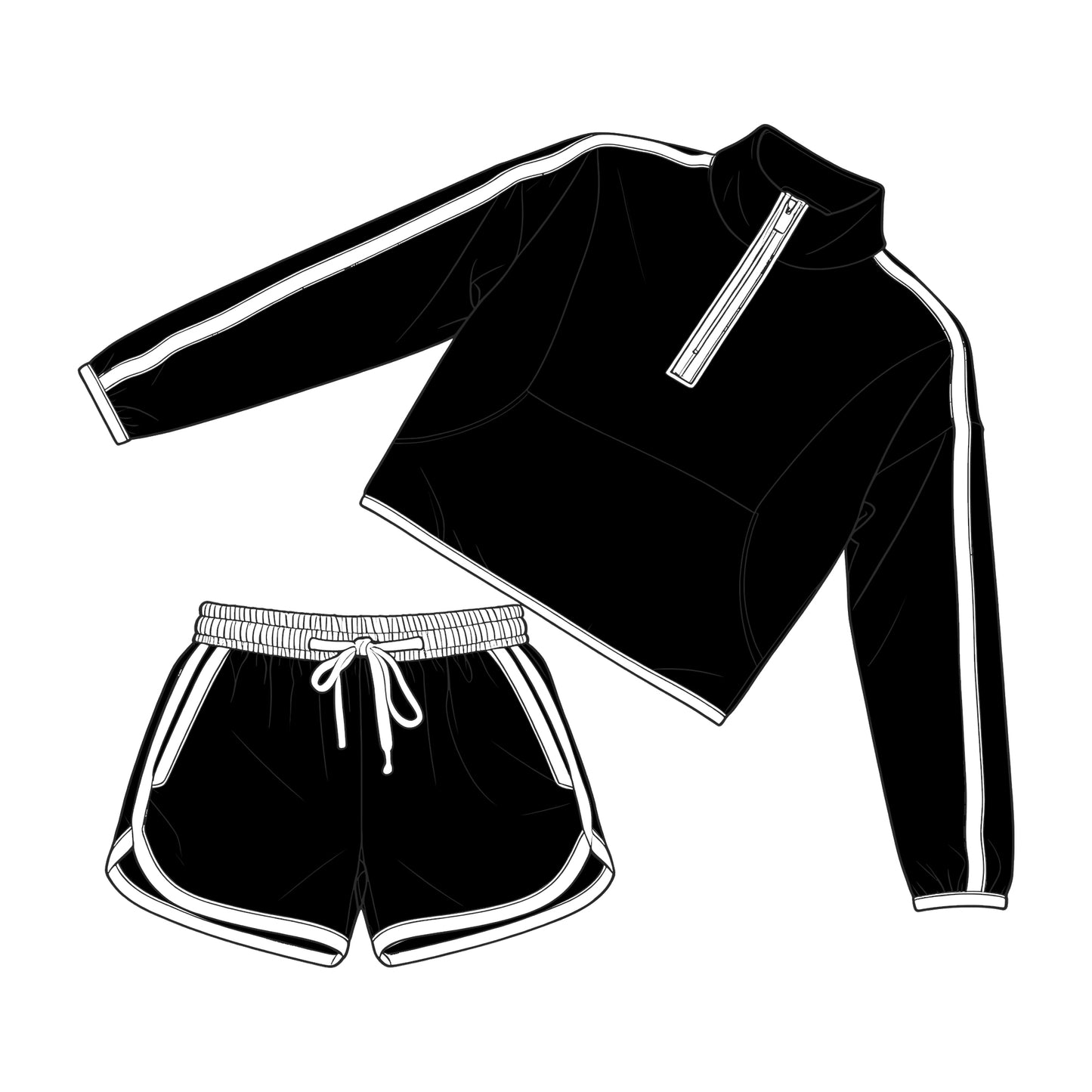 GLS0102 Preorder Adult Women Black Pocket Zip Pullover Top Shorts Clothes Set