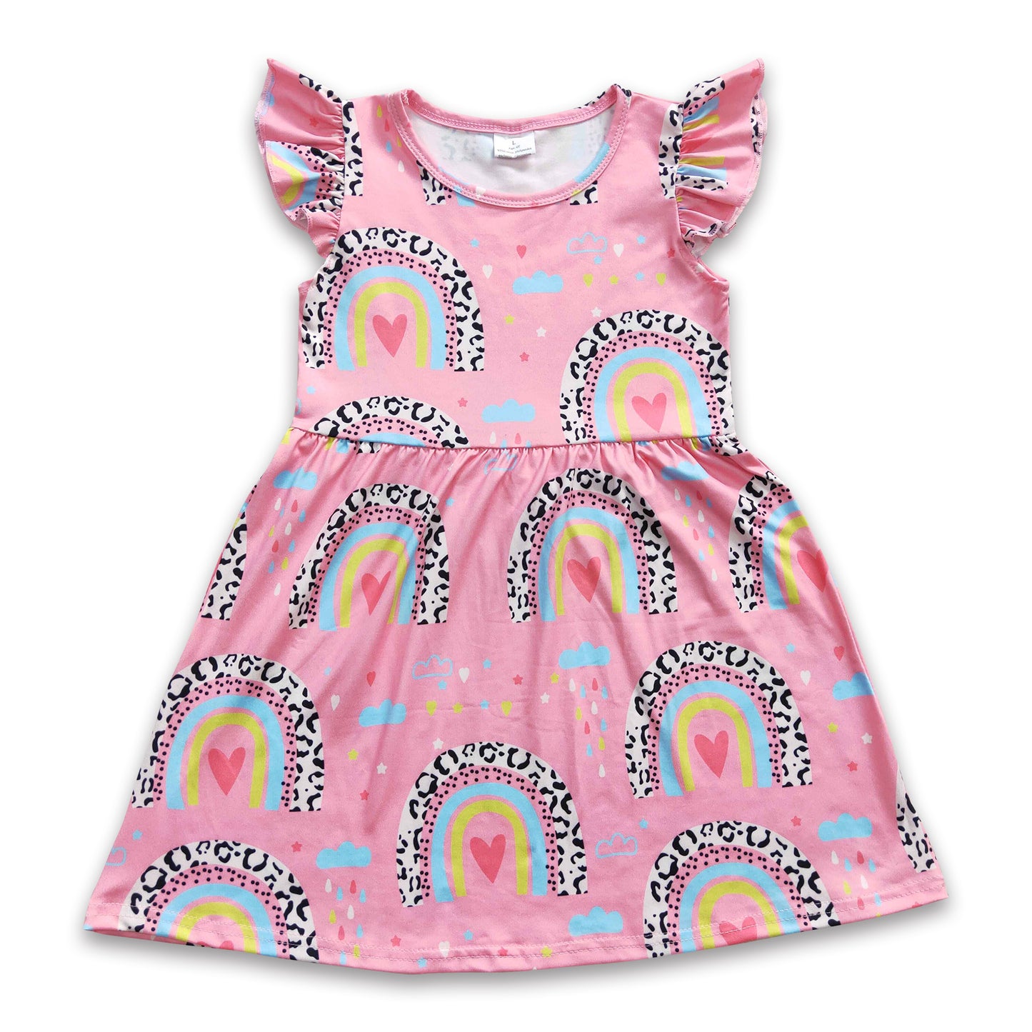 5.12RTS NO MOQ GSD0248 Girls Love Rainbow Pink Flying Sleeve Dress