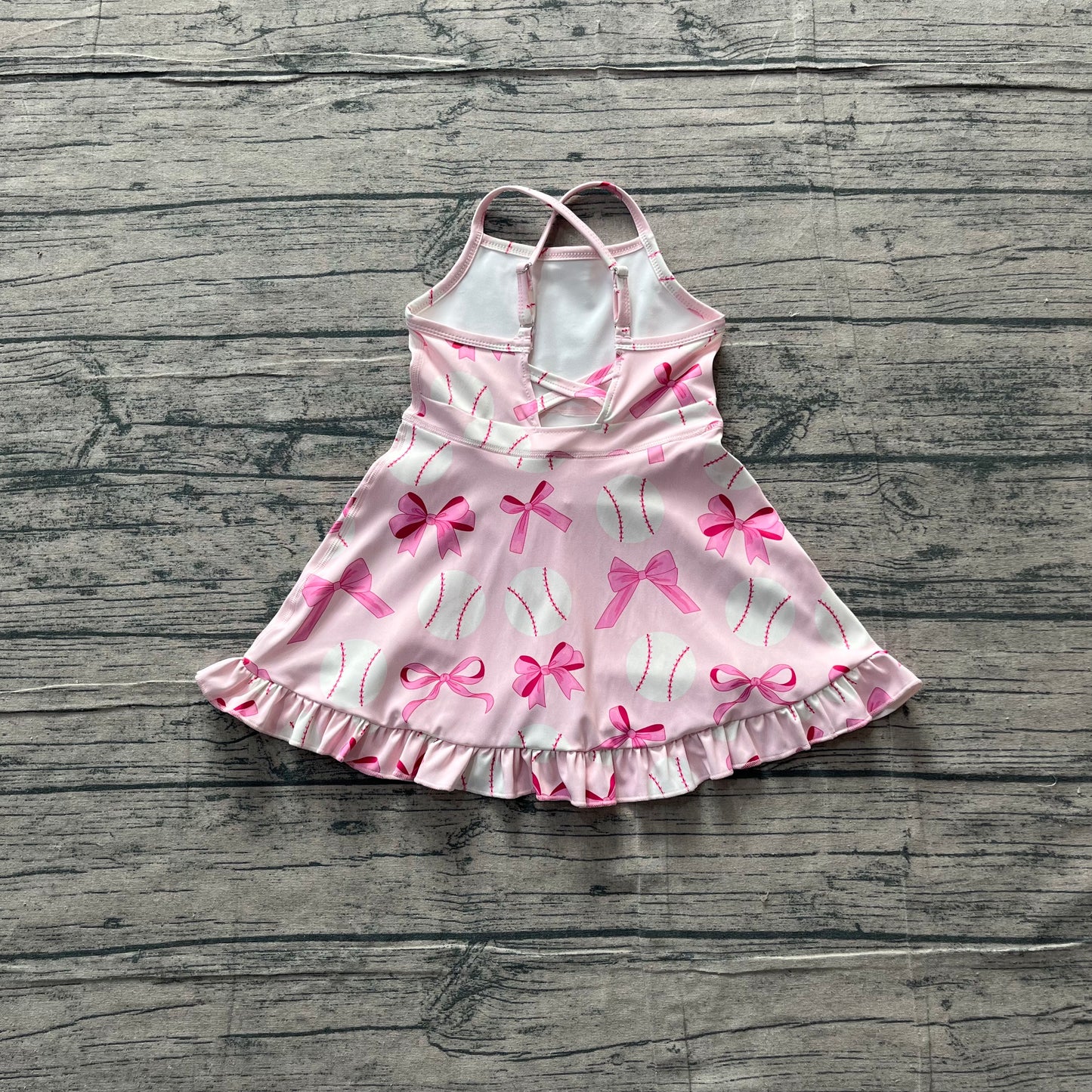 GSD2567 Preorder Sample Baby Girl Strap Pink Bows Baseballs Activity Wear Yoga Knee Length Dresses