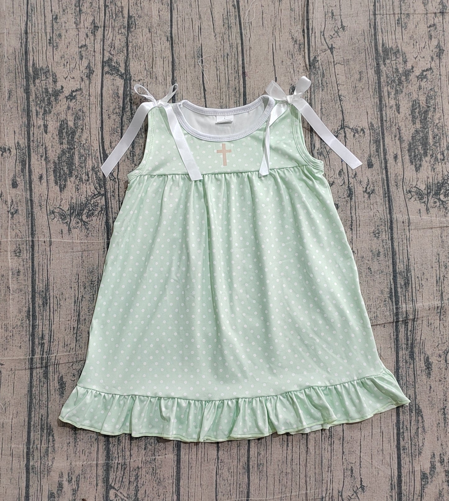 GSD2860 Preorder Sample Baby Girl Green Polka Dots Cross Easter Ruffle Knee Length Dresses