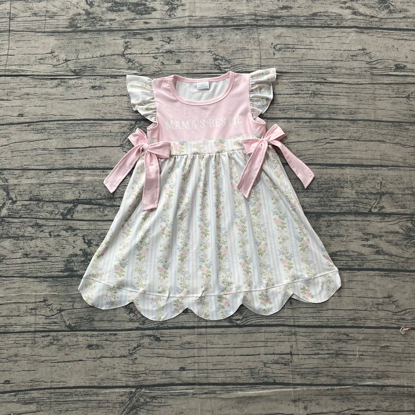 GSD2973 Preorder Sample Baby Girl Mama's Bestie Flowers Stripe Scallop Knee length Dress