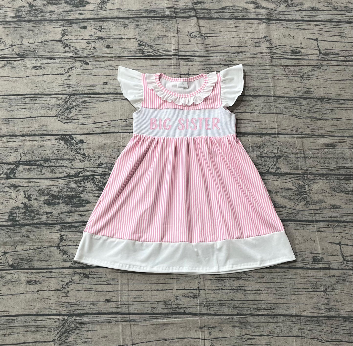 GSD3153 Preorder Sample Smocked Big Sister Baby Girl Pink Stripe Collar Knee Length Dresses