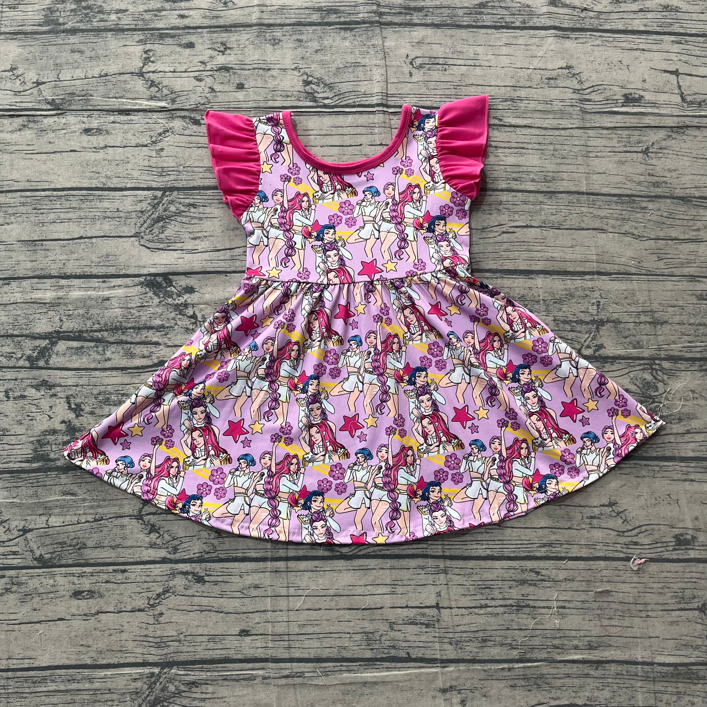 GSD3273 Preorder Sample Baby Girl Pink Flutter Sleeve Flowers Demon Hunter Knee Length Dresses