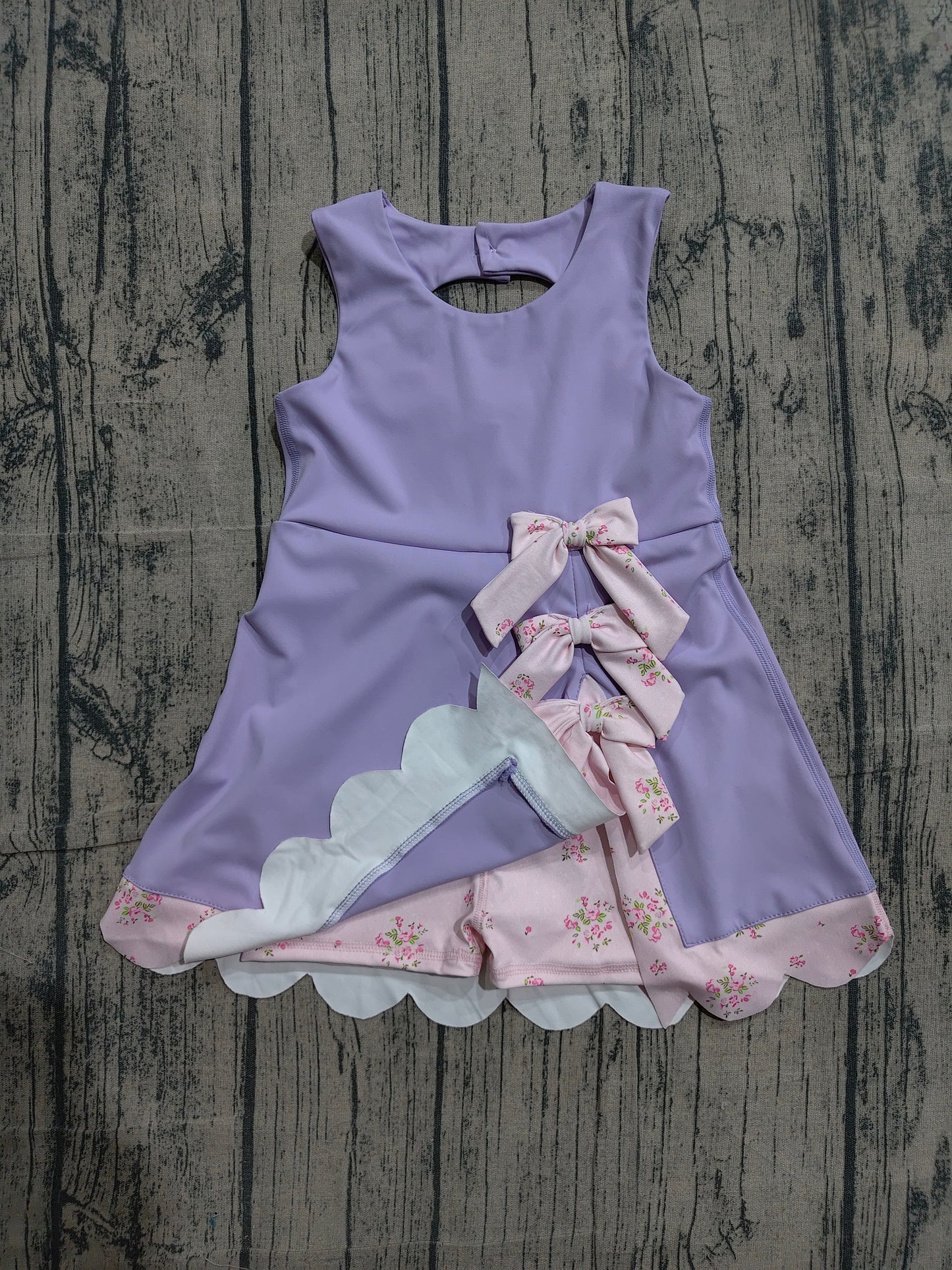 GSD3317 Preorder Sample Baby Girls Purple Sleeveless Bows Yoga Ruffle Shorts Knee Length Dresses