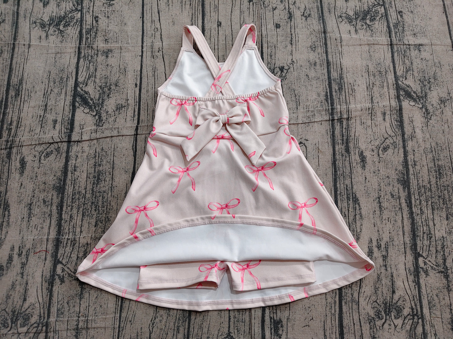 GSD3421 Preorder Sample Baby Girls Strap Back Bows Yoga Shorts Knee Length Dresses