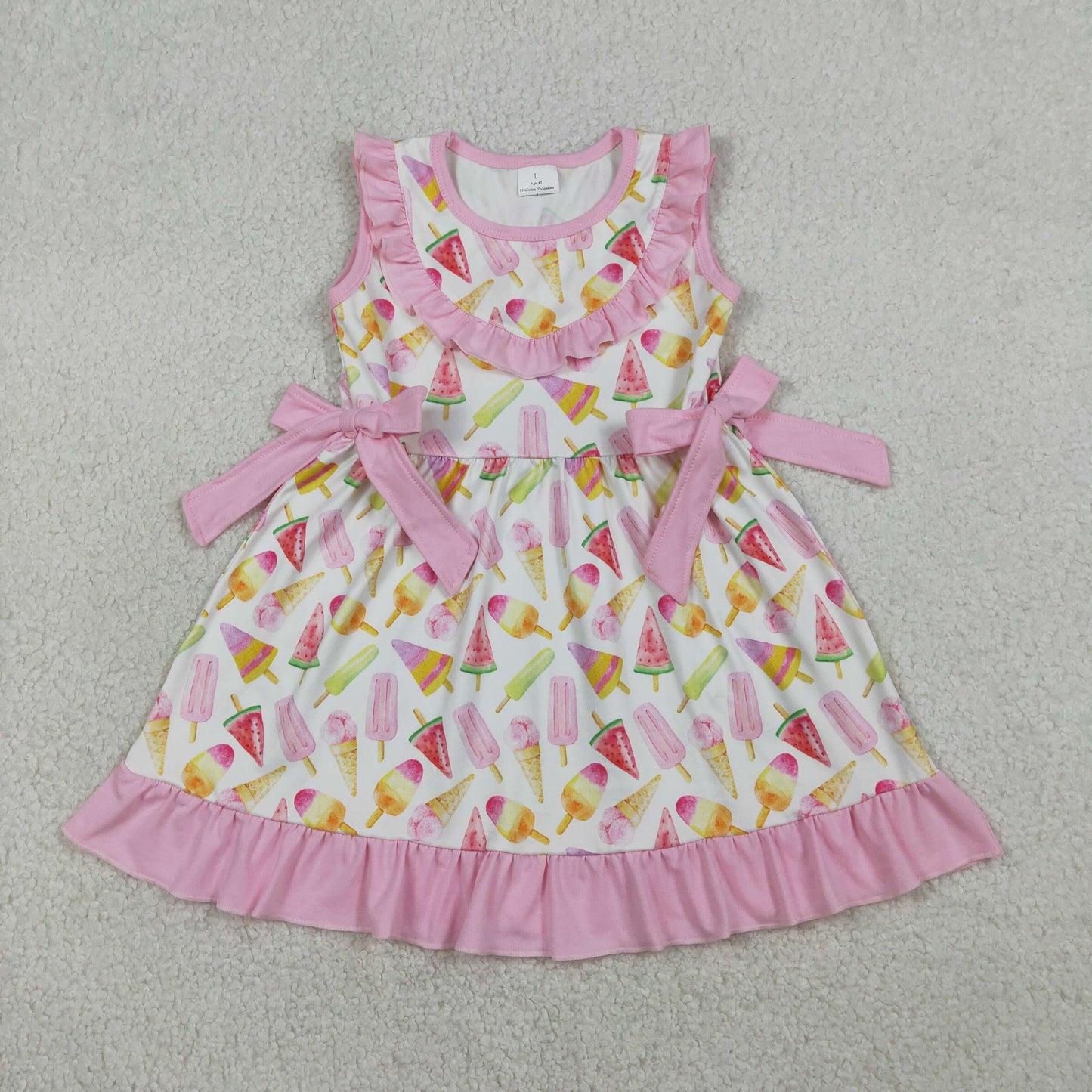 RTS NO MOQ(In Stock) GSD3470 Ice Cream Stick, Pink Lace-Trimmed White Sleeveless Dress with Bow